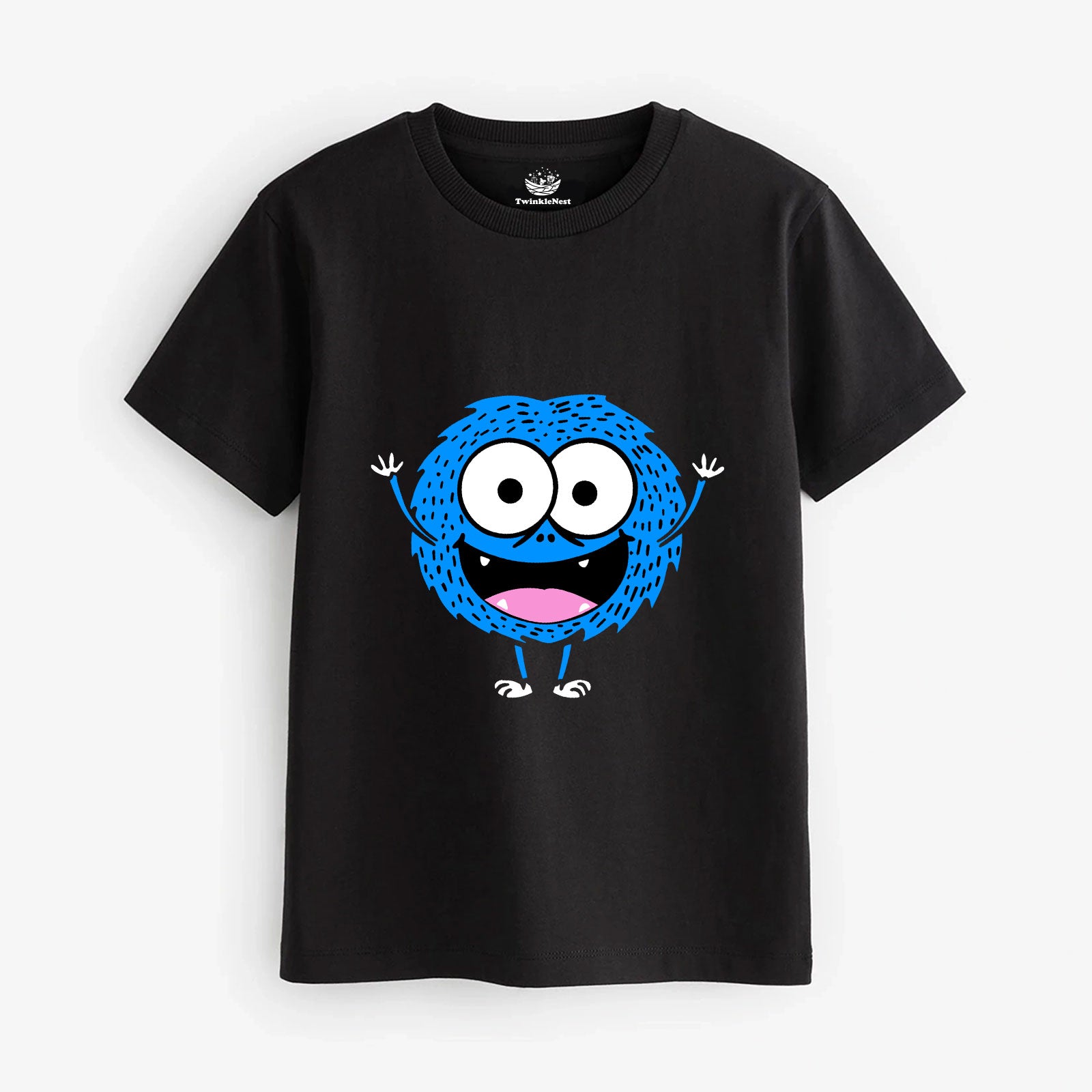 Kids Black Cartoon Printed T-shirt Fuzzy Monster Design