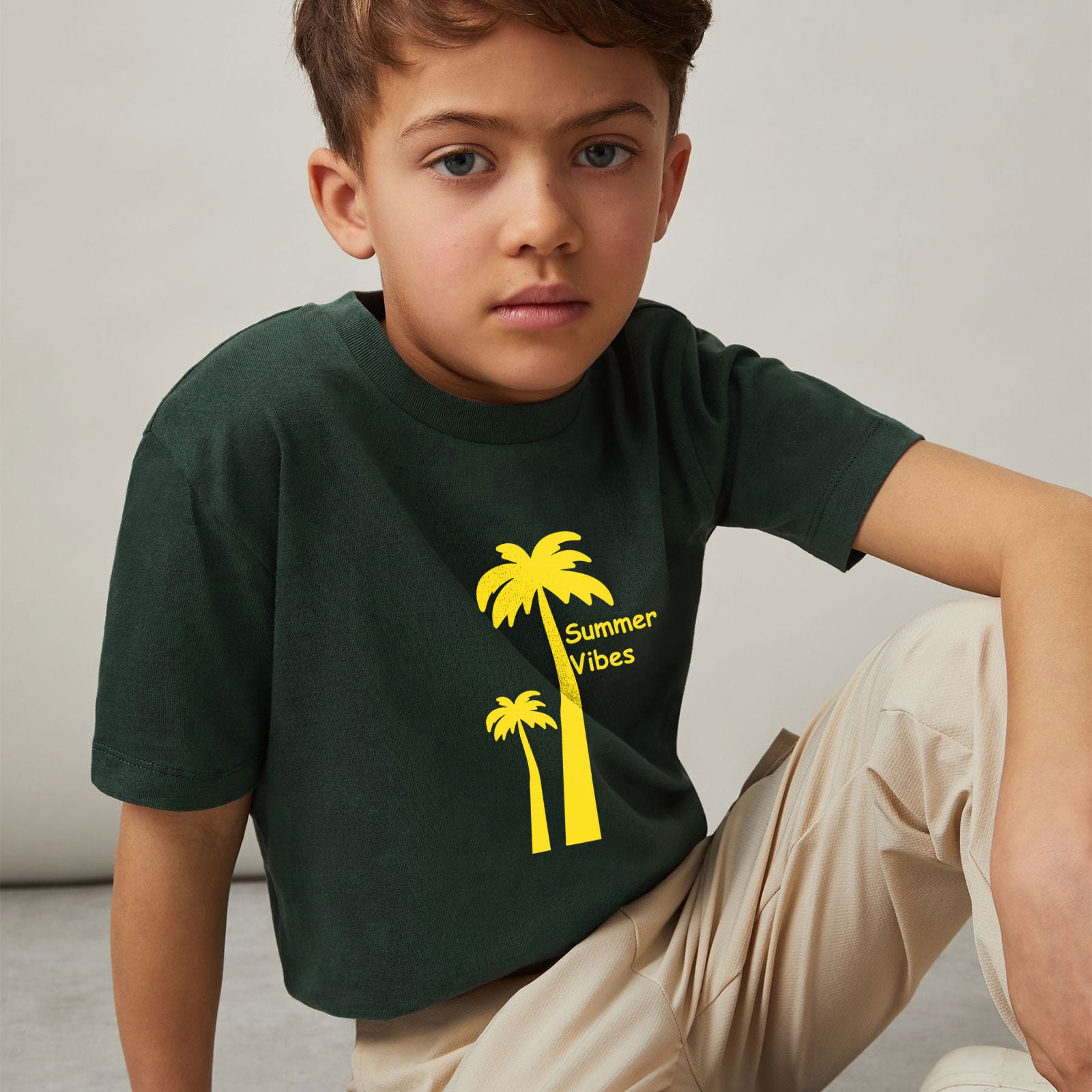 Kids Drak Green T-shirt Summer Vibes Palm Tree Print