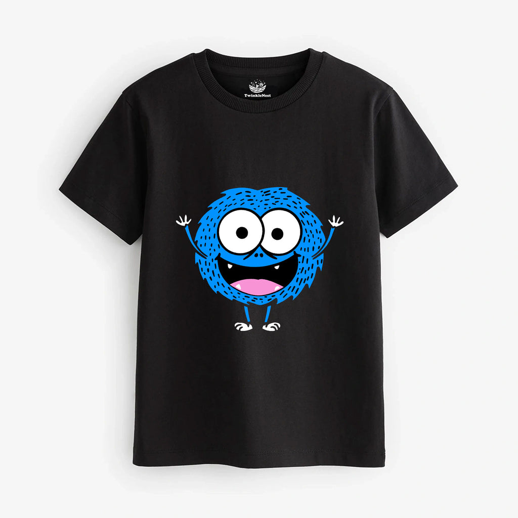 Kids Black Cartoon Printed T-shirt Fuzzy Monster Design