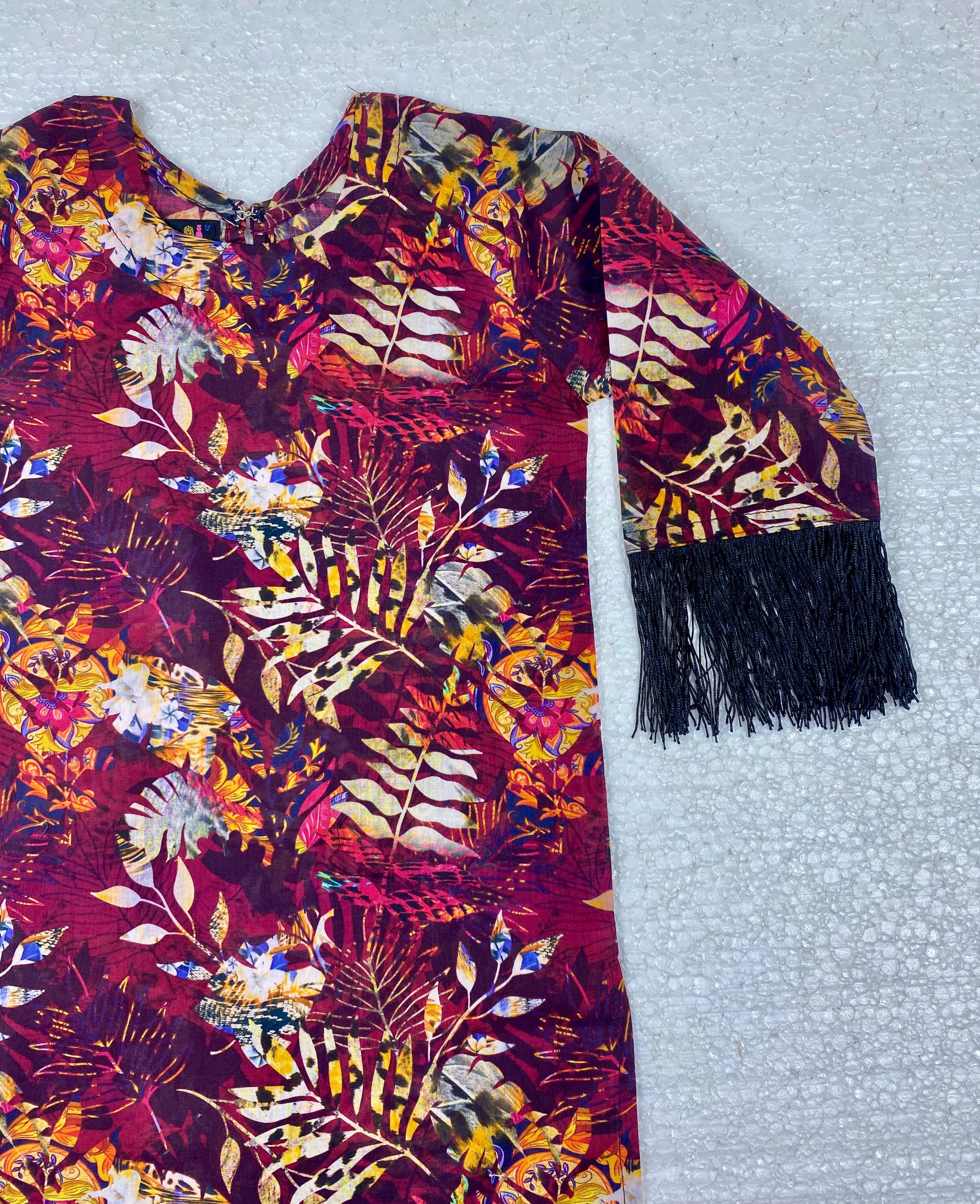 Vibrant Floral Fringe Cotton Lawn Kurti Black Tassel
