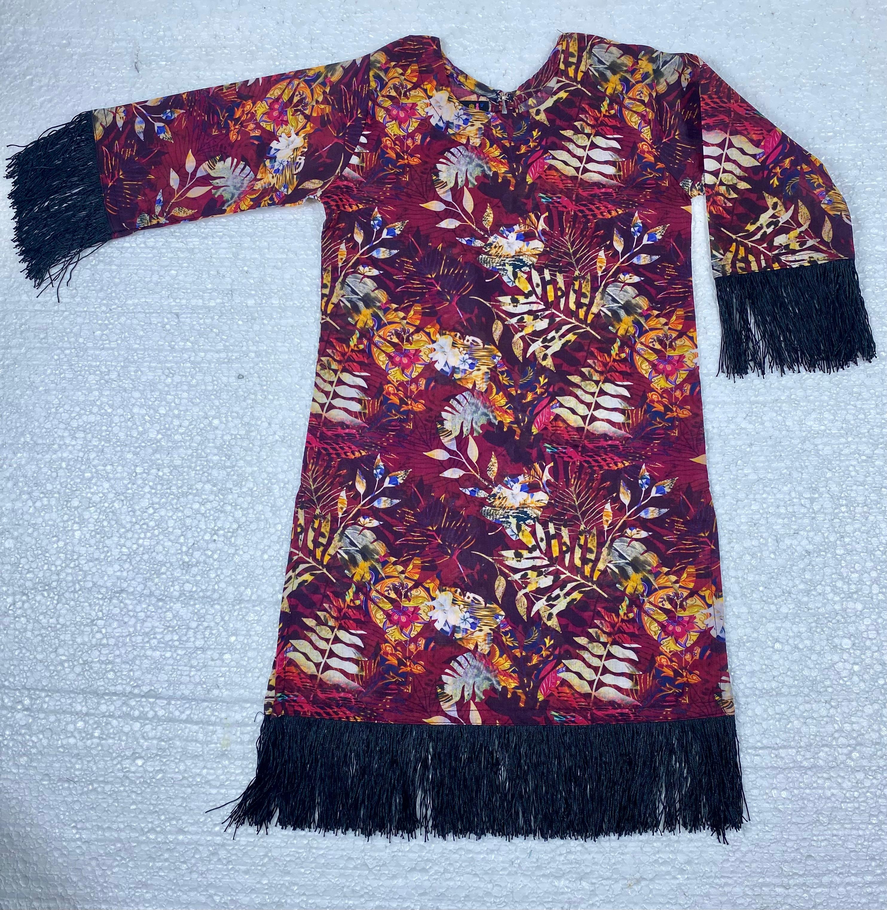 Vibrant Floral Fringe Cotton Lawn Kurti Black Tassel