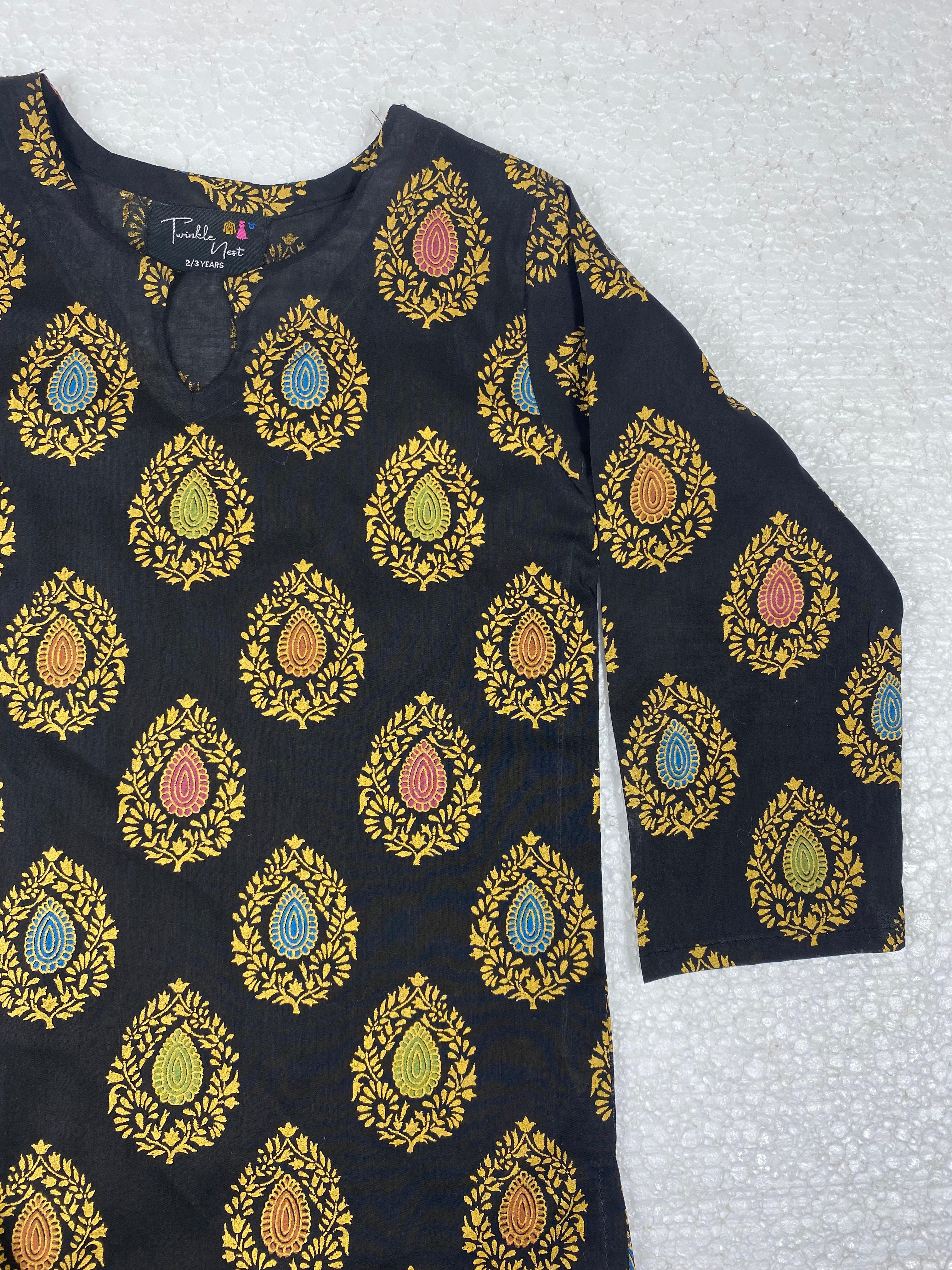 Twinkle Nest Girls Black Paisley Golden Print Cotton Lawn 2-Piece Kurti Set