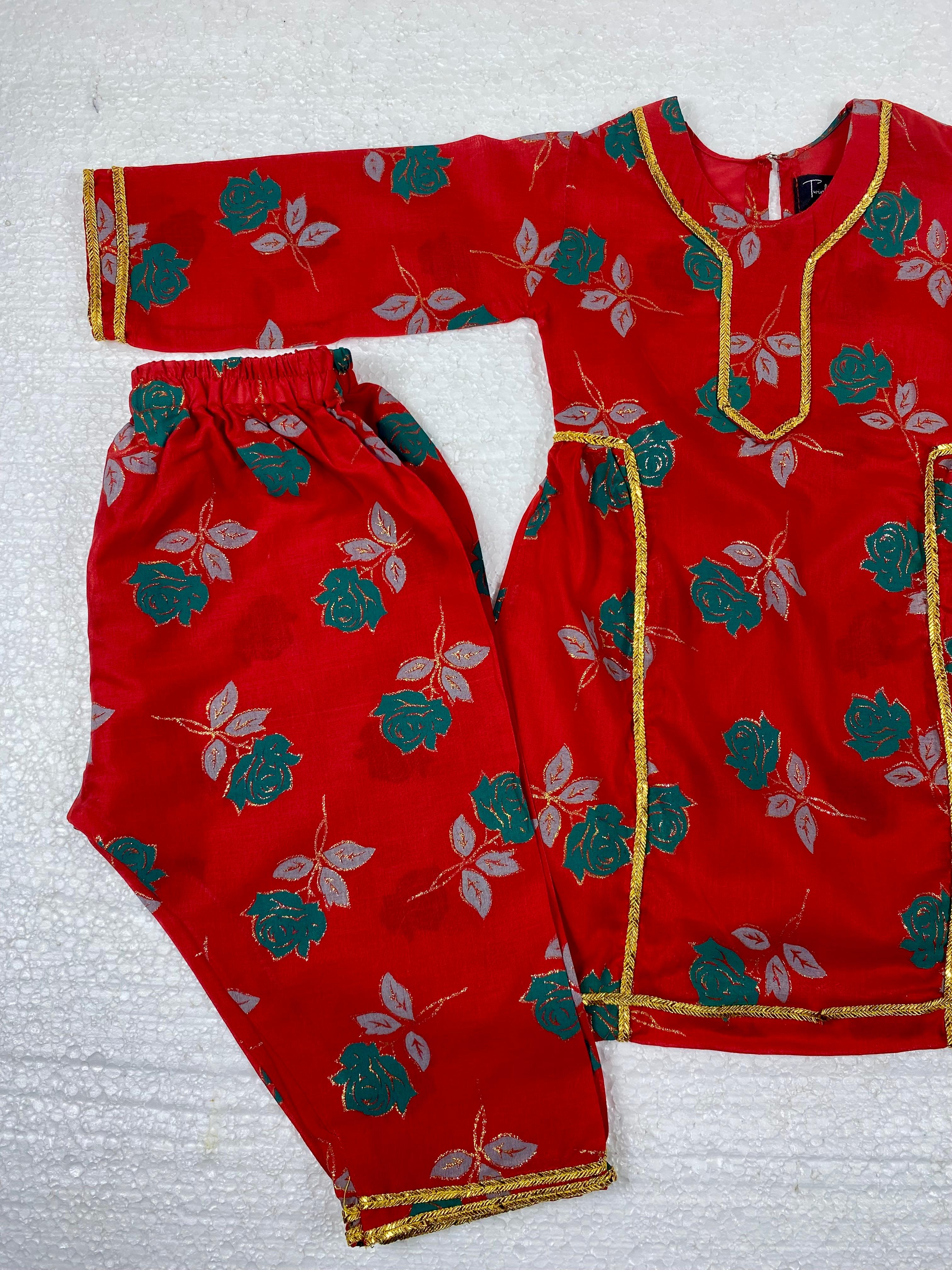 Twinkle Nest Girls Red Floral Cotton Lawn Kurti with Trouser