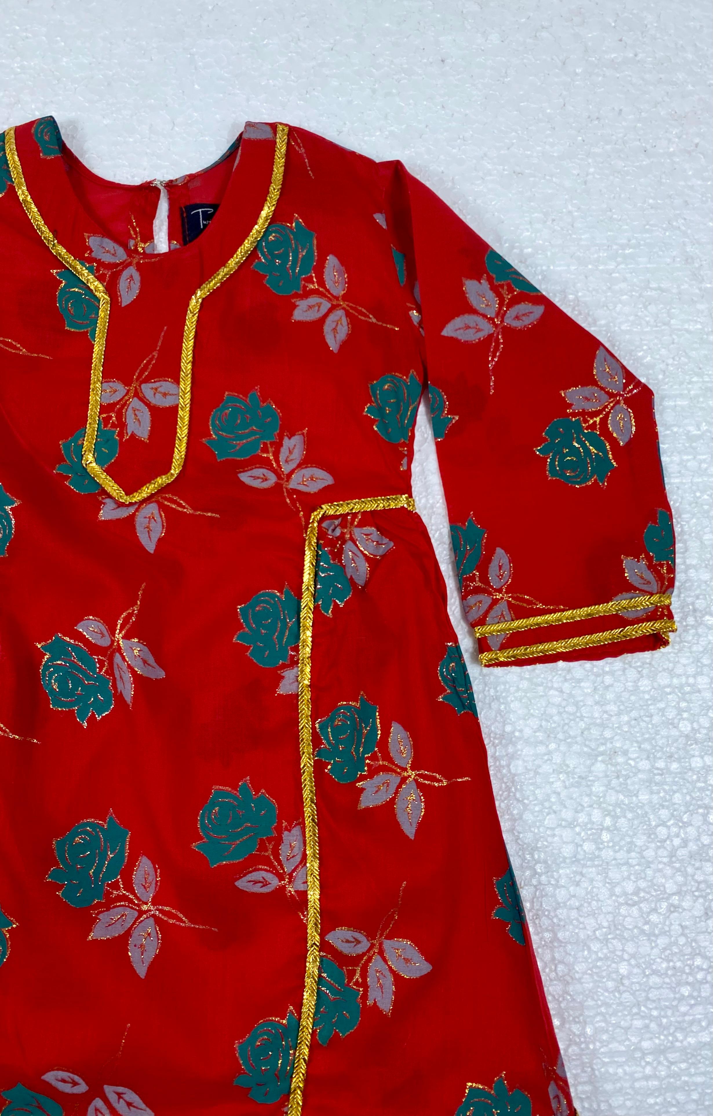 Twinkle Nest Girls Red Floral Cotton Lawn Kurti with Trouser