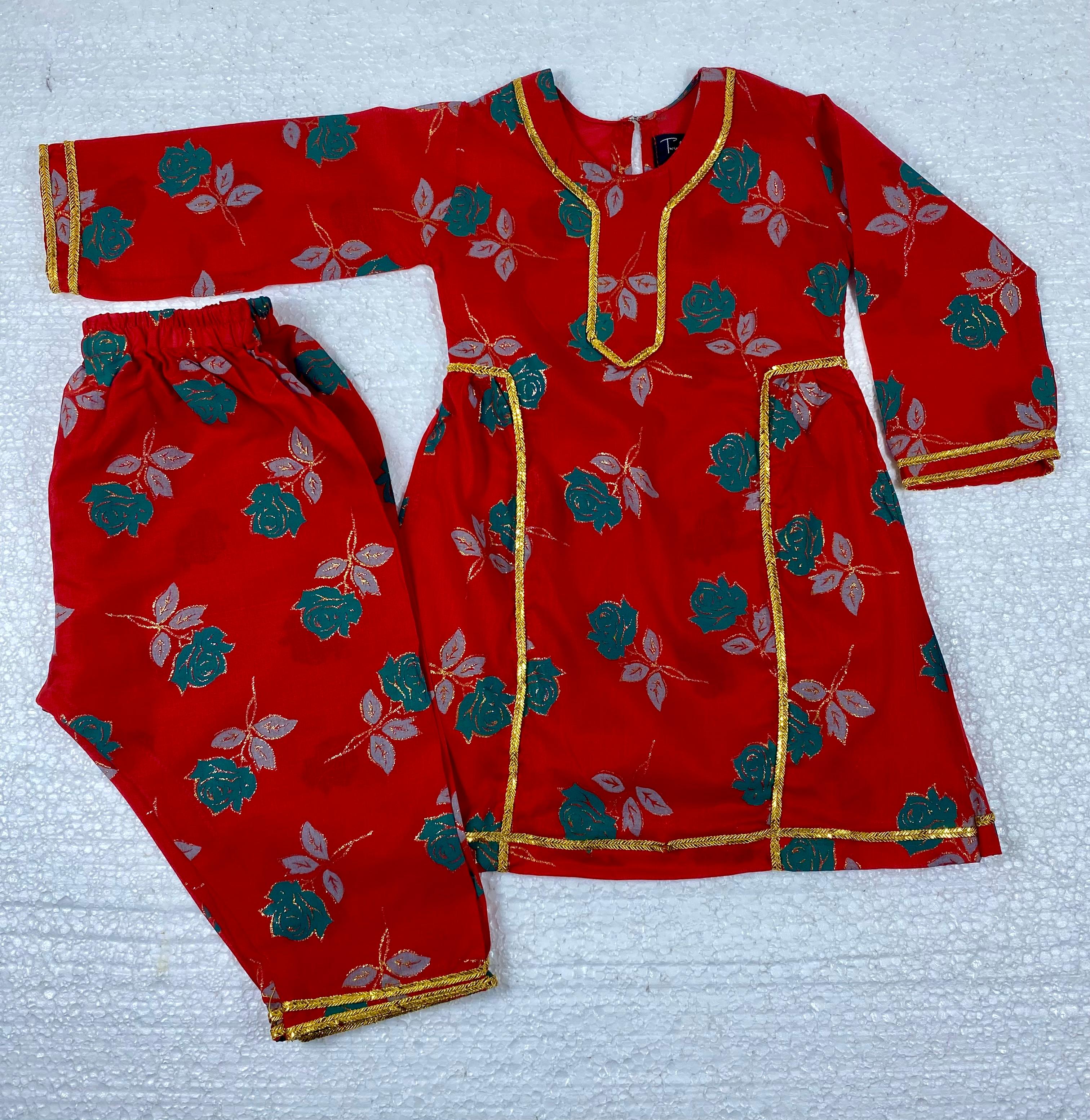 Twinkle Nest Girls Red Floral Cotton Lawn Kurti with Trouser