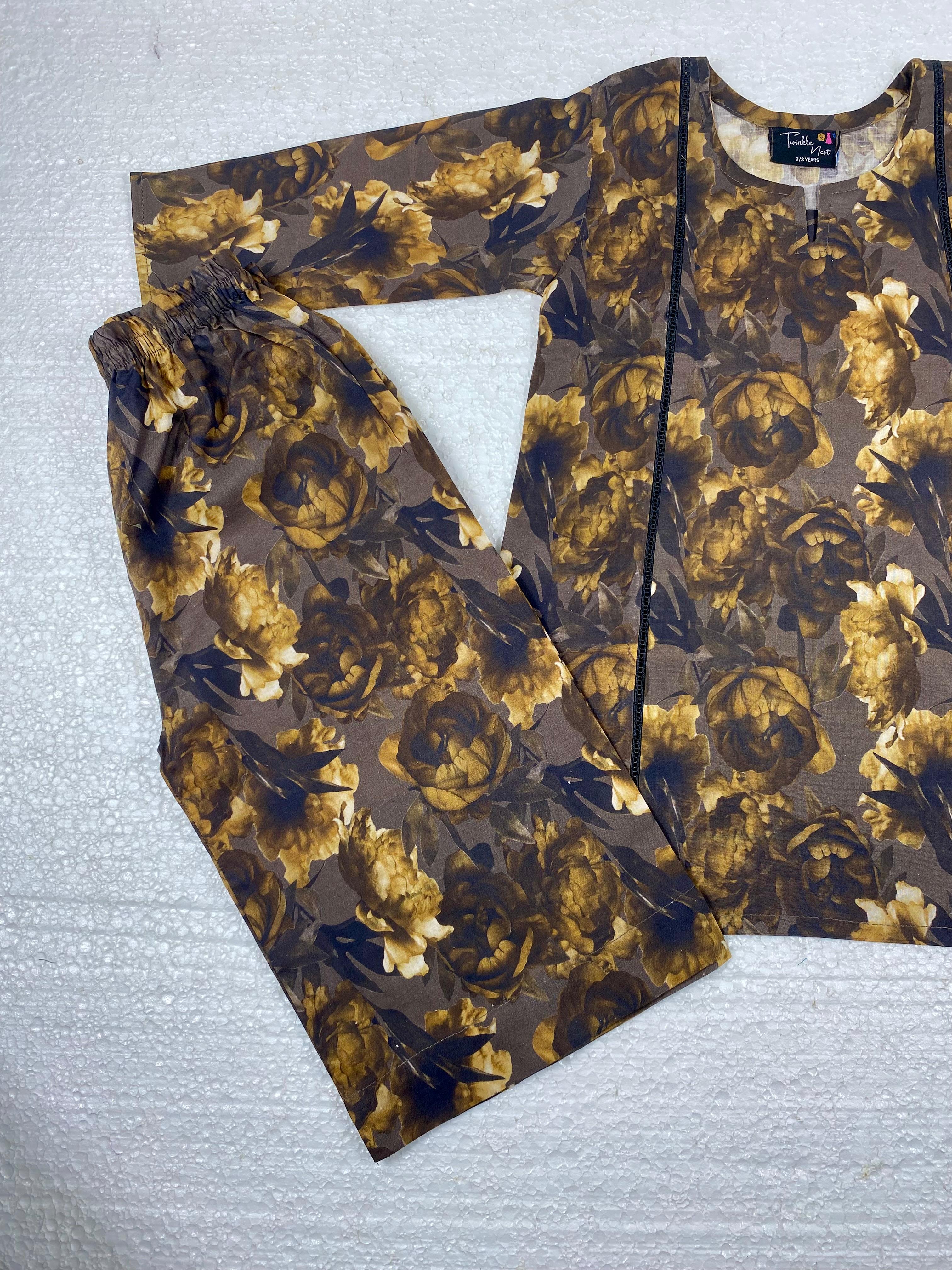Girls Earthy Brown Floral Cotton Lawn Two-Piece Suit