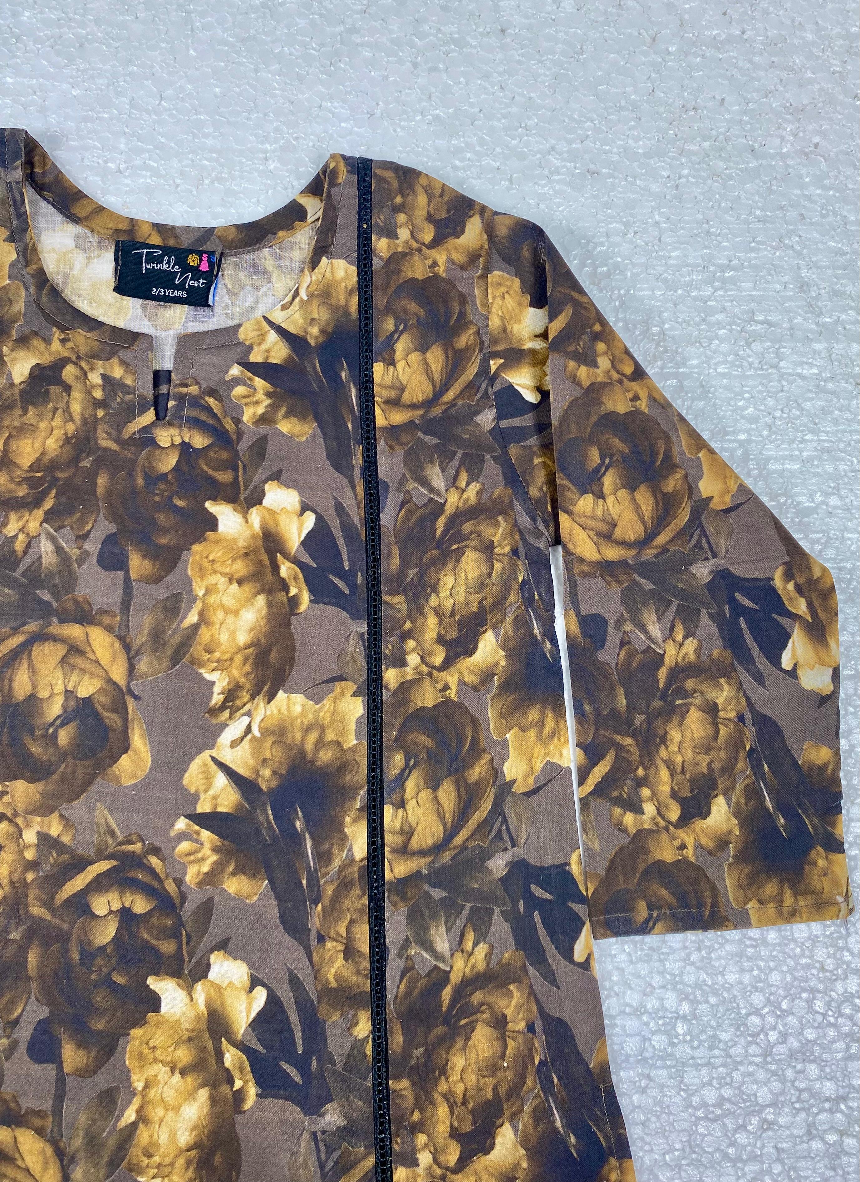 Girls Earthy Brown Floral Cotton Lawn Two-Piece Suit