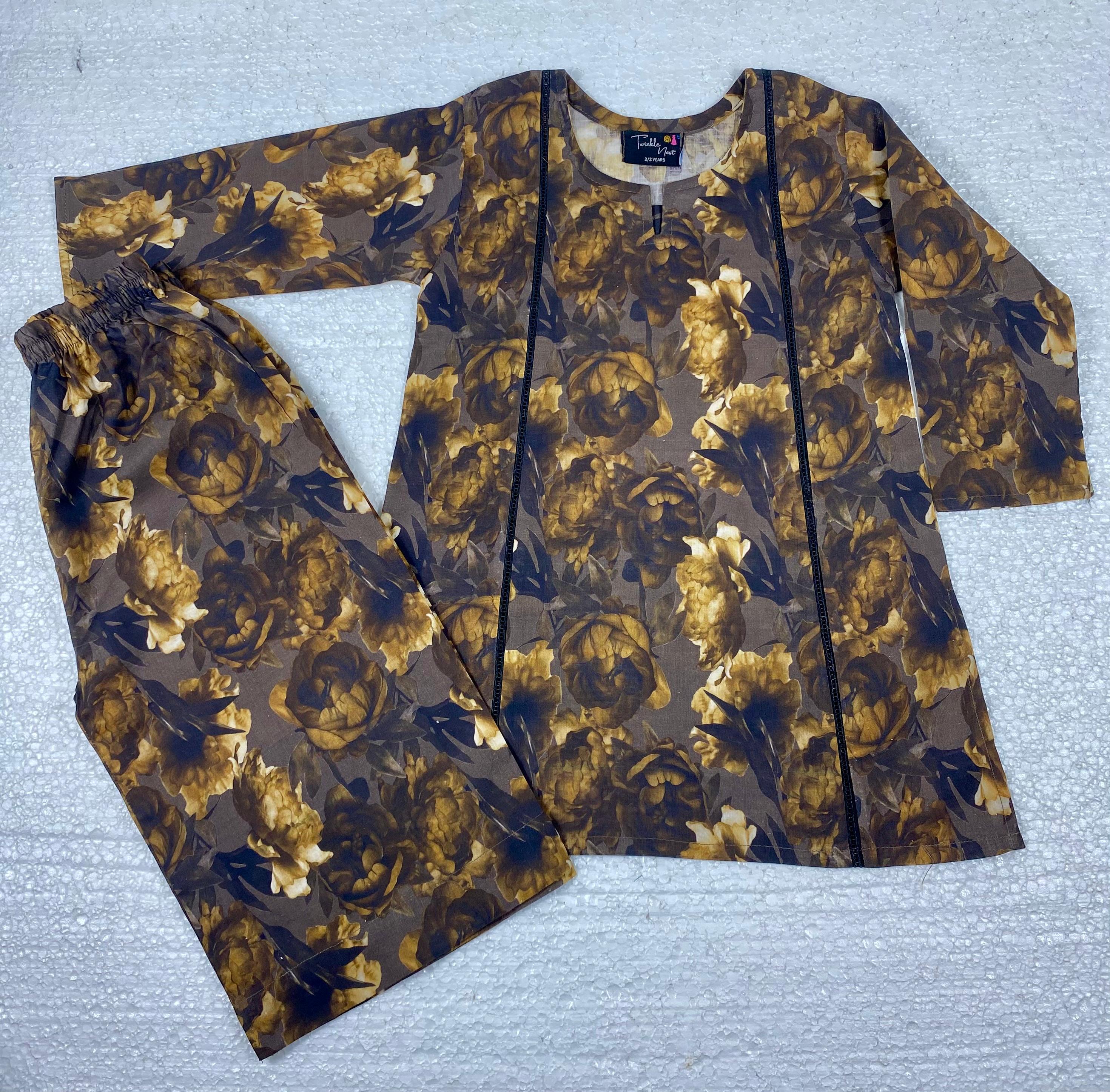 Girls Earthy Brown Floral Cotton Lawn Two-Piece Suit