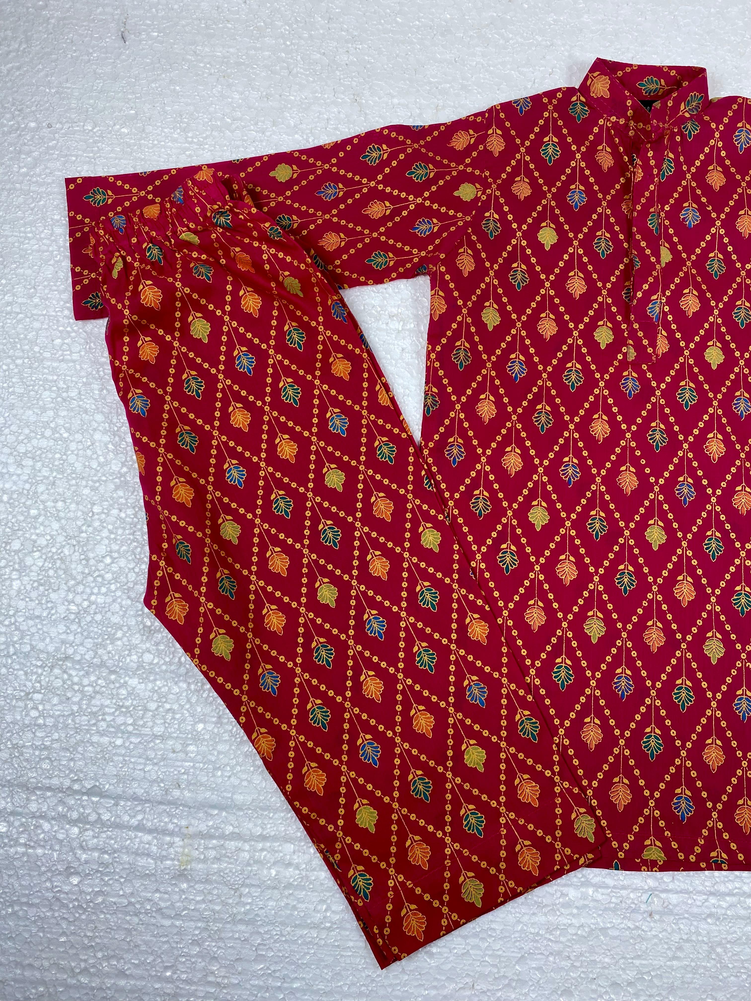 Twinkle Nest Girls Maroon Geometric Leaf Print Cotton Lawn 2-Piece Set