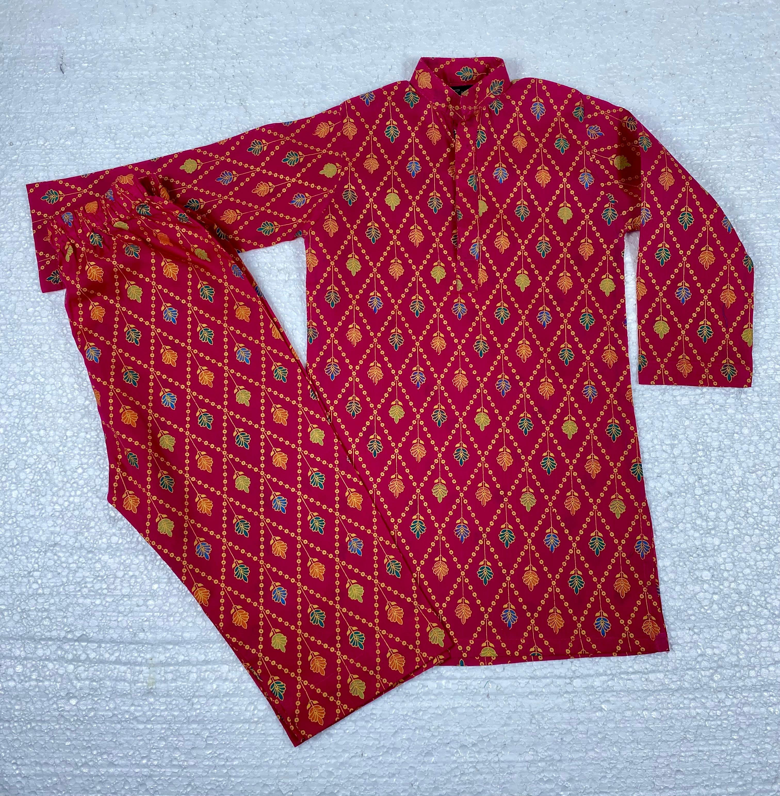 Twinkle Nest Girls Maroon Geometric Leaf Print Cotton Lawn 2-Piece Set