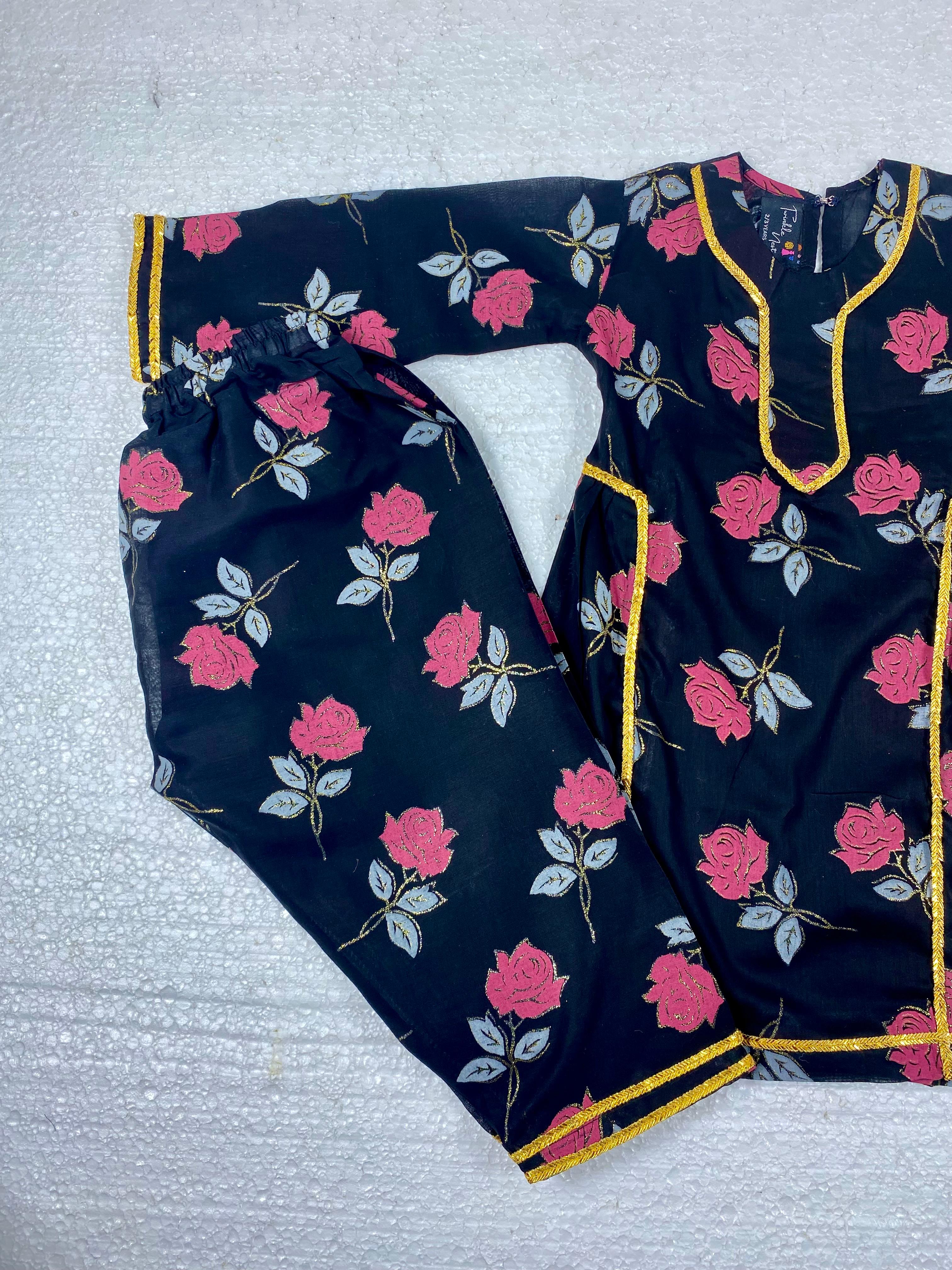Girls Elegant Black Floral Cotton Lawn Two-Piece Suit with Gold Lace