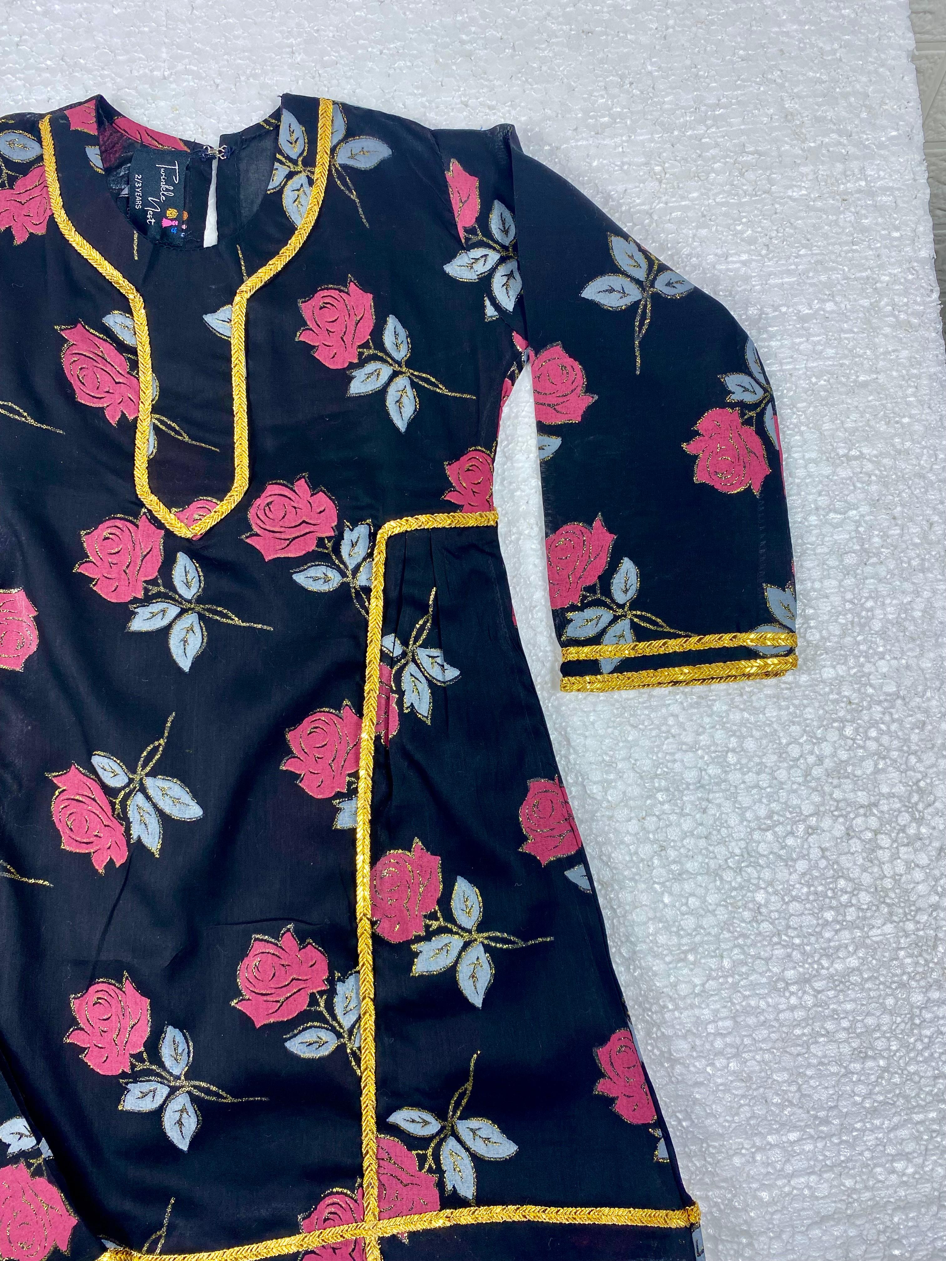 Girls Elegant Black Floral Cotton Lawn Two-Piece Suit with Gold Lace