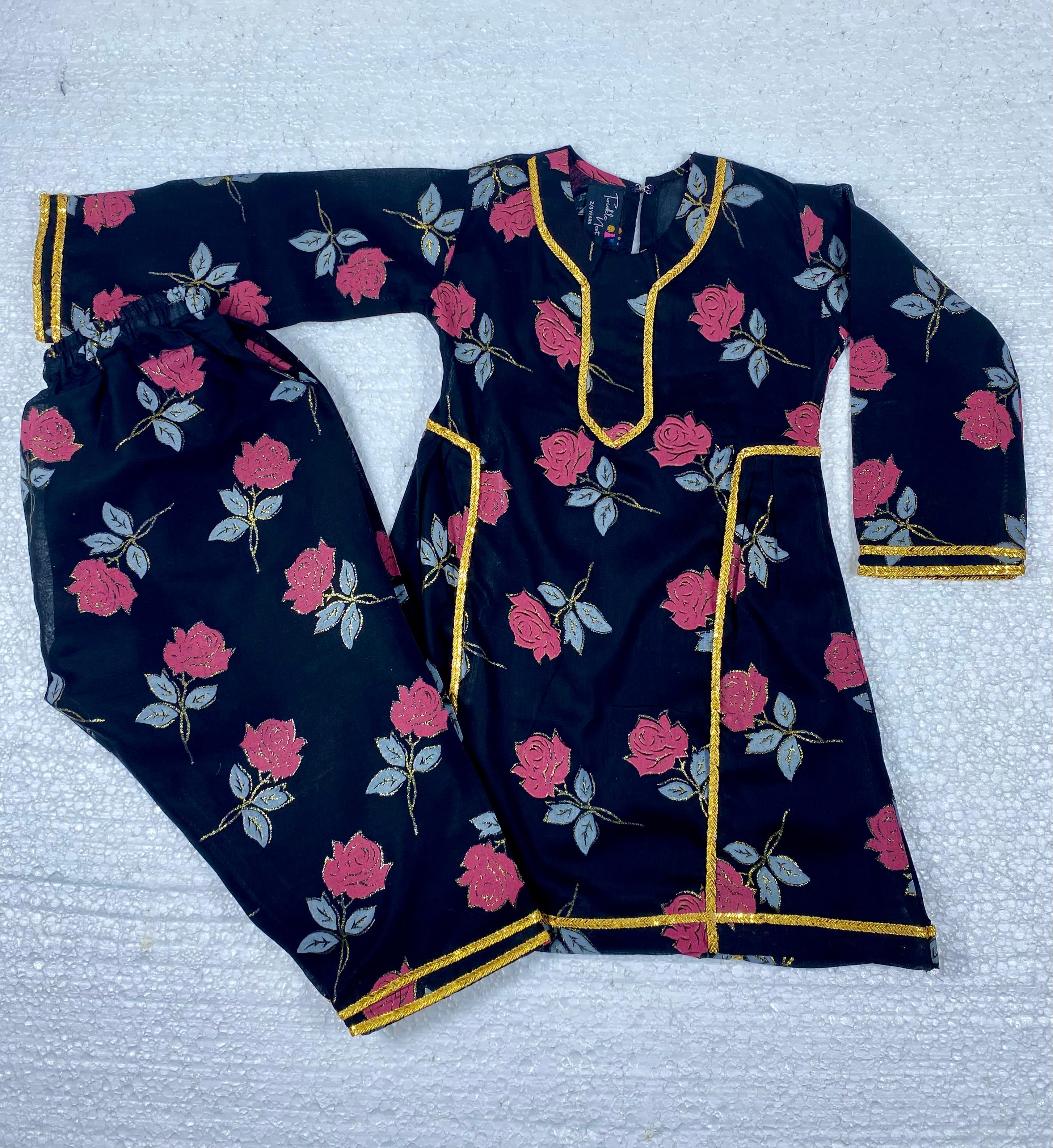 Girls Elegant Black Floral Cotton Lawn Two-Piece Suit with Gold Lace