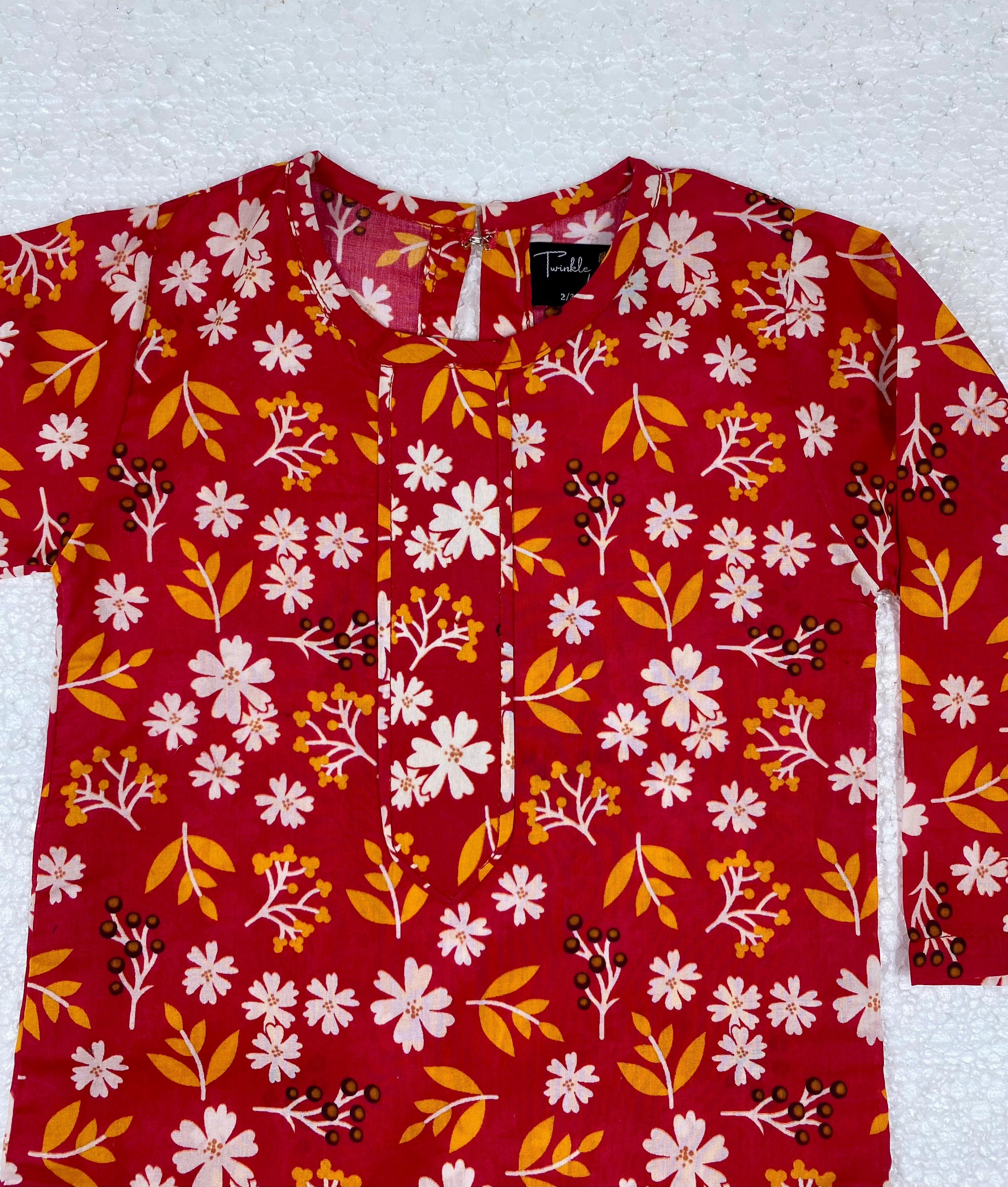 Twinkle Nest Girls Rust Red Ditsy Floral Print Cotton Lawn Kurta