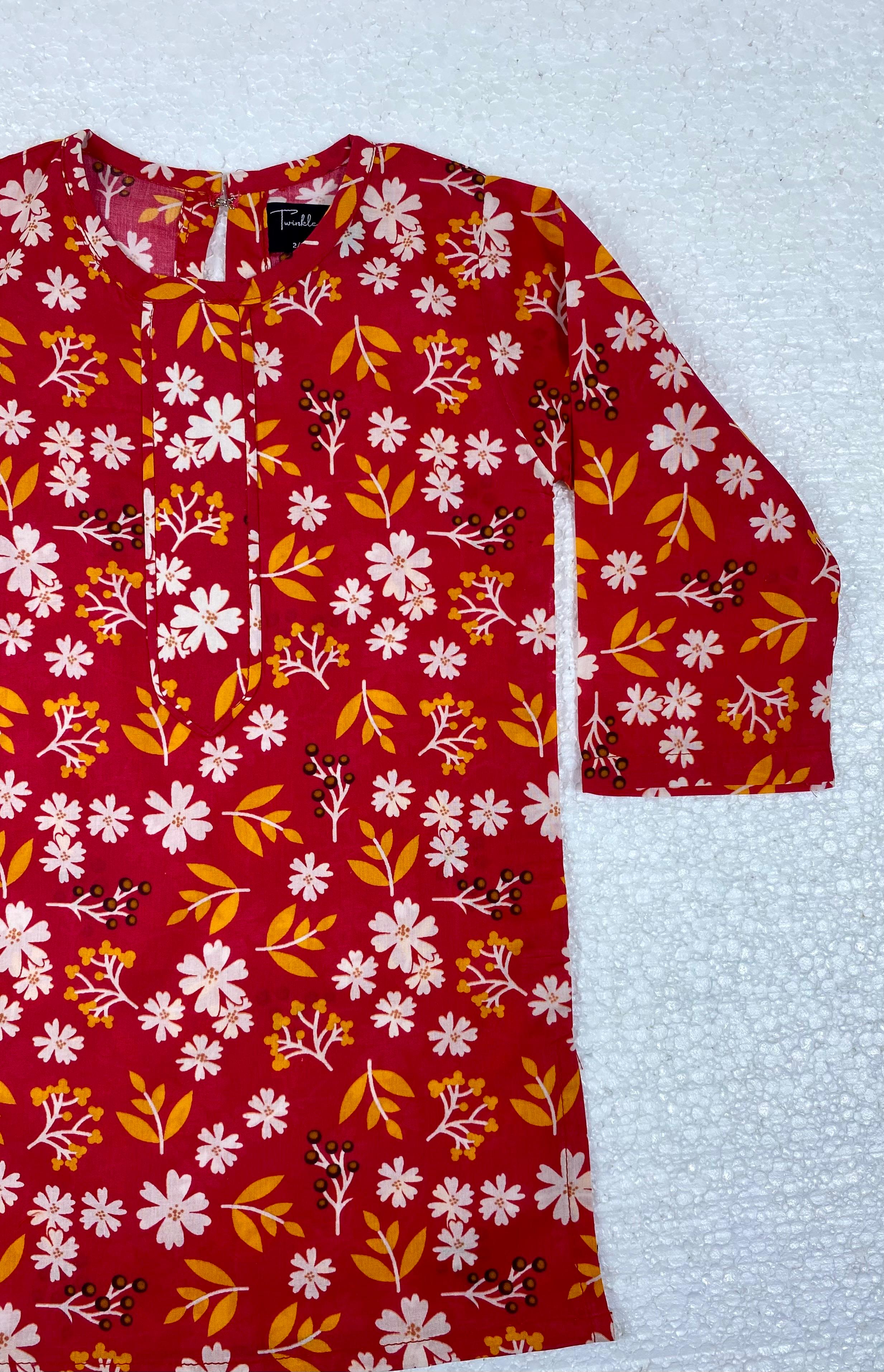 Twinkle Nest Girls Rust Red Ditsy Floral Print Cotton Lawn Kurta
