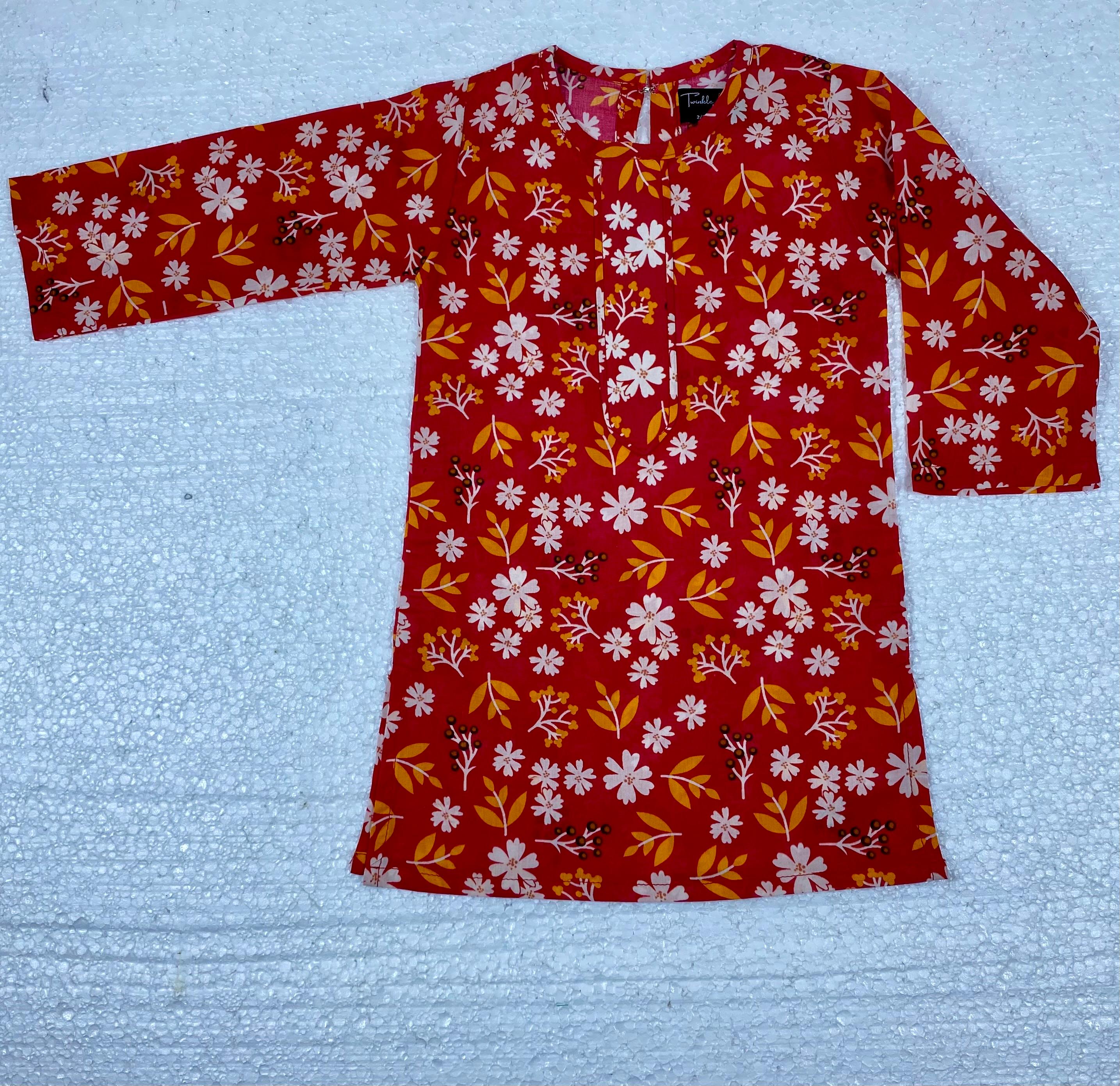 Twinkle Nest Girls Rust Red Ditsy Floral Print Cotton Lawn Kurta